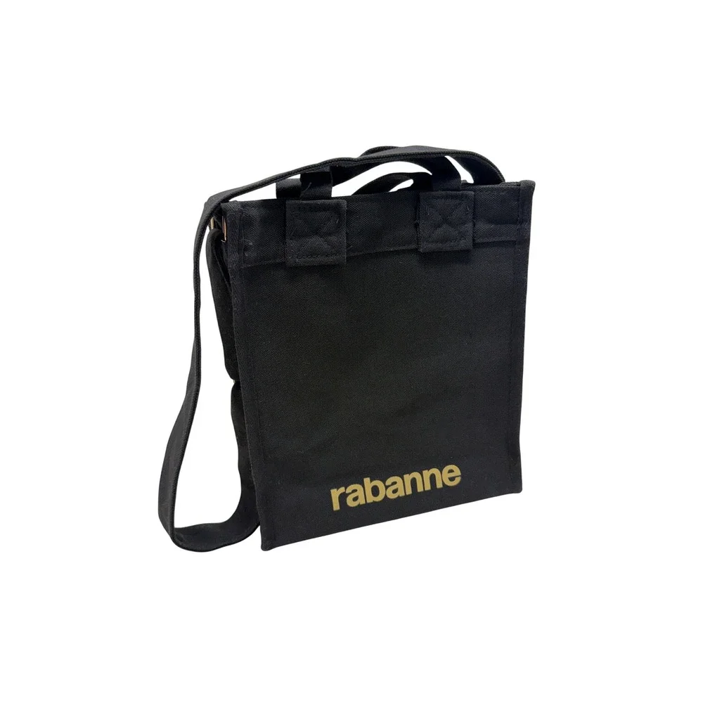 Rabanne Black Canvas Medium Tote Crossbody Bag Gold Logo